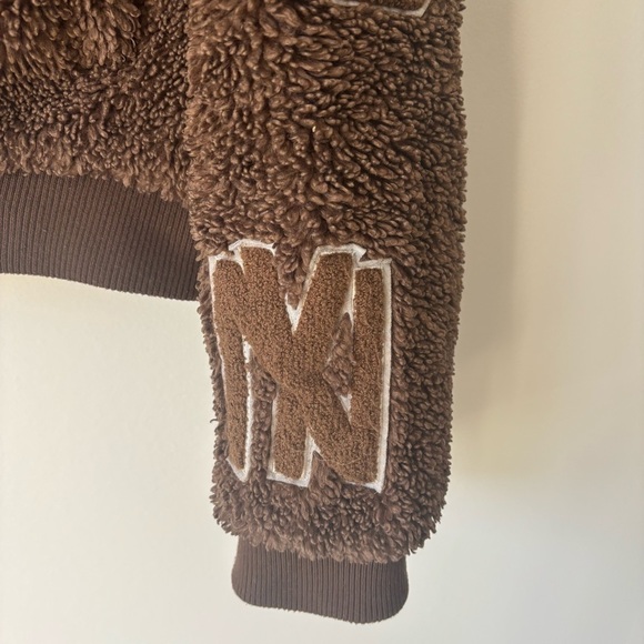 Azalea Wang Ruela Brown Teddy Varsity Bomber Jacket Fleece Sherpa Cropped - Picture 8 of 14